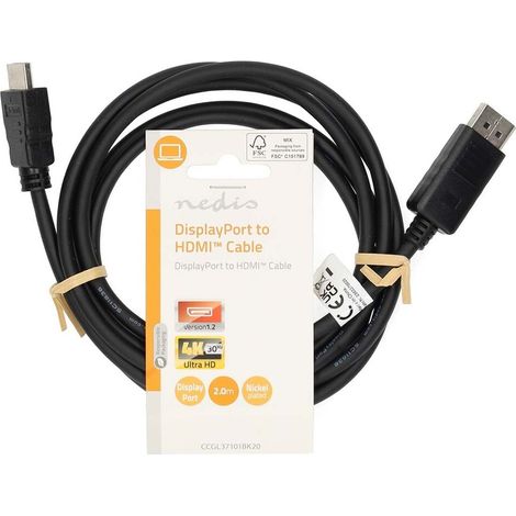 Nedis displayport kabel displayport stecker hdmi stecker 4k30hz vernickelt 200 m rund pvc schwarz label 202304801