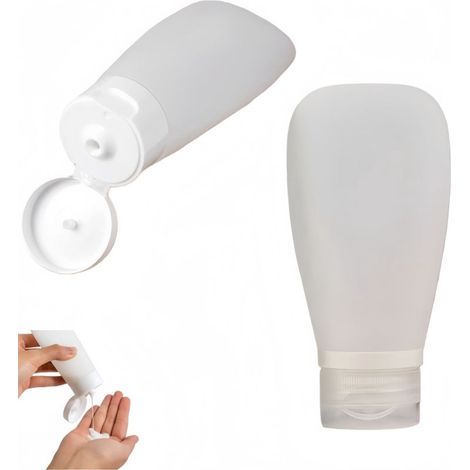 Lot de 2 flacons souples de voyage - Distributeur en silicone étanche - Flacon de toilette de voyage - Récipient à maquillage - Flacon de rangement - Pour shampoing, après-shampoing et lait corporel e (1/4)