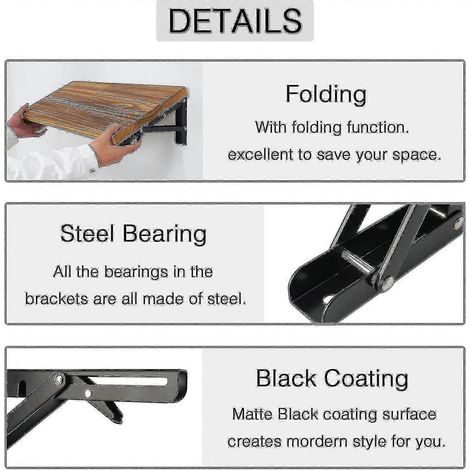 Lot de deux supports d'étagère pliables, supports d'étagère triangulaires pliables en métal robuste, charnières de table pliante murales à monter soi-même, gain de place, adaptés aux tables de banc. (1/4)