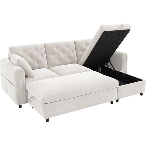 Canapé Velours Beige Moderne d'Angle Réversible avec Rangement Méridienne et Pouf 219x131x86 cm (1/5)