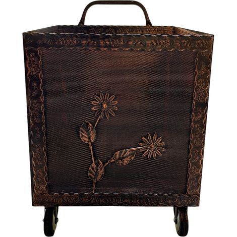 Porta Legna con Ruote, Porta Pellet, in Ferro Battuto, 52 x 50 x 84h cm, Motivo Floreale, Per Camino e Stufe Rame