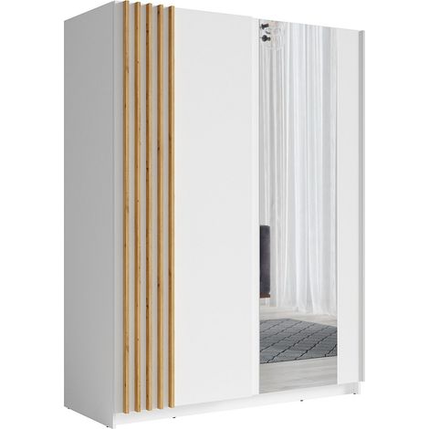 Vente-Unique – Armoire coulissante 2 portes avec miroir – L150 cm – Mdf mélaminé blanc – 5 lingères et penderie – Éco-responsable fabriqué en Europe