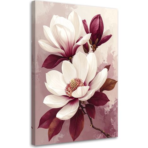 Stampe su Tela Magnolie bianche con foglie bordeaux su sfondo pastello 20x30 (1/5)
