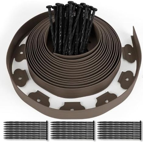 Clôture de jardin en plastique - 10 m - Avec 50 piquets - flexible - Idée de jardin pour pavés - Hauteur : 5 cm - Épaisseur : 4 mm - Marron - 20 m (1/5)