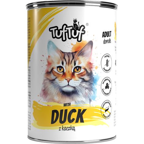 Cibo umido per gatti TufTuf, lattina di anatra da 400 g, carne in scatola.