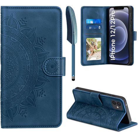 iPhone 12 Pro Handyhülle Flip PU Leder Wallet Case Schutzhülle Stand Dunkelblau (1/5)
