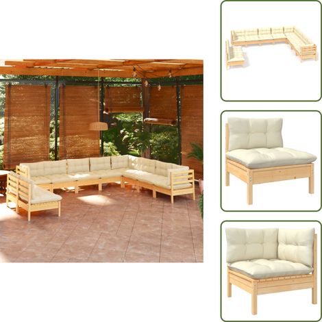 10-tlg. Garten-Lounge-Set mit Creme Kissen Massivholz Kiefer - Gartenzubehör - Gartenmöbel - Lounge Set - Kiefernholz Möbel - Outdoor Furniture (1/5)