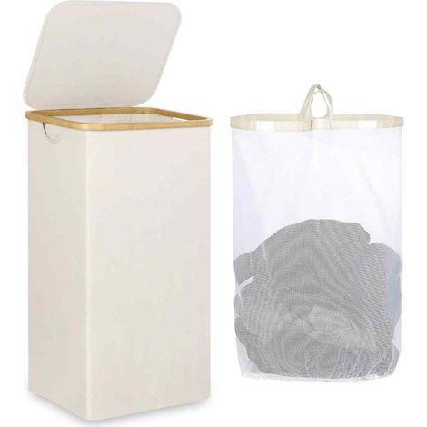 Panier à linge sale pliable en bambou avec couvercle et sac intérieur en filet,40.53365cm,Beige (1/5)