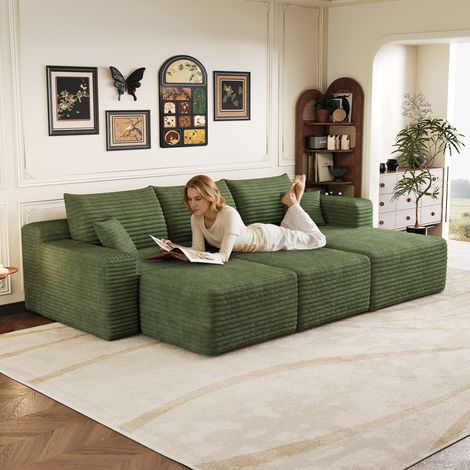 Ecksofa aus Stoff, 241 cm, mit Wolkenmuster, modernes und minimalistisches Design, tiefer, komfortabler Sitz für Wohnzimmer, grün, keine Montage erforderlich (1/5)