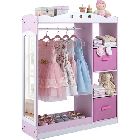Portant a Vetement Enfant avec Miroir en Acrylique, Penderie Ouverte avec Tringle, Étagères et 2 Tiroirs en Tissu, Garde-Robe, 90 x 30 x 111,5 cm (1/5)