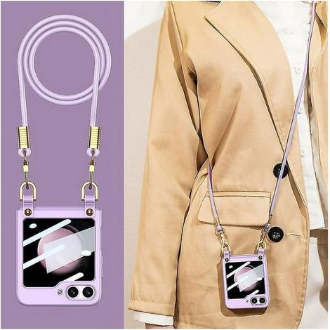Coque Samsung Galaxy Z Flip 6, étui fin en PC résistant aux chocs, avec bandoulière amovible pour femme, protection légère et élégante