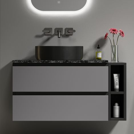 Waschbeckenunterschrank hängend 80cm breit,mit Keramikwaschbecken, mit Schubladen,modernes Design ,schwarz-graue