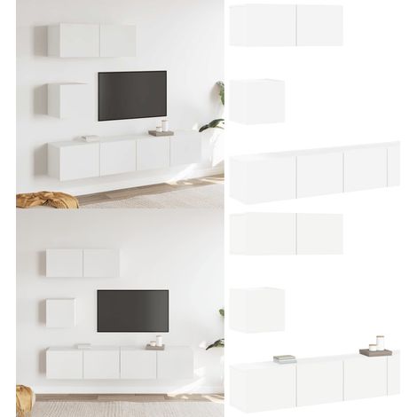 4-tlg. TV-Schrank-Set Weiß Holzwerkstoff - TV Schrank Set - Holzwerkstoff Möbel - Weißer TV Stand - Wohnwand Regal - Fernsehtisch - Home & Living (1/5)