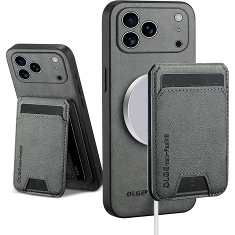 Étui portefeuille en cuir gris pour iPhone 11 avec chargeur sans fil magnétique et porte-cartes intégré. (1/4)
