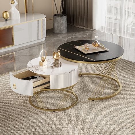 Set 2 tavolini da salotto impilabili rotondi da 70 cm con cassetti, piano effetto marmo, struttura in metallo dorato, tavolino da soggiorno in legno - Nero
