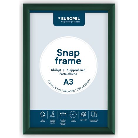 Cadre Porte affiche clipsable A3, couleur verte, Profil 25mm, Aluminium anodisé et protecteur anti-reflet, Dimensions extérieures 328x451 mm, Dos polystyrène gris (1/5)