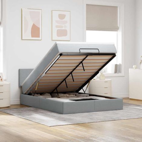 Cama otomana con colchón LED gris claro 140x190 cm tela (1/5)