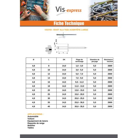 Rivet aveugle Aluminium Tige acier 4.8X12 Epaisseur de serrage 5 à 7 Tête large ALX - 10 pièces