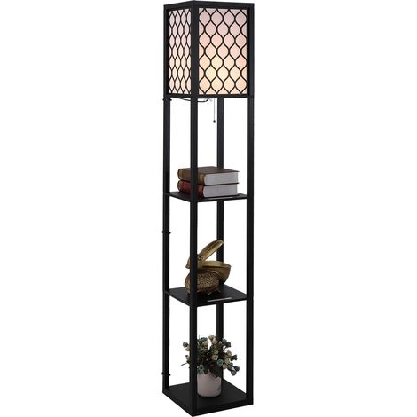 Homcom – Lampadaire LED étagère 3 niveaux 160 cm – MDF noir avec abat-jour tissu nid d'abeille – Éclairage 40W – Interrupteur à tirette