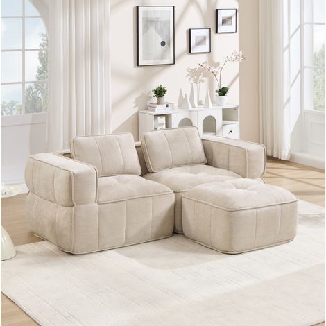 Sofá modular en forma de L con otomana, 2 plazas, 198 x 162 x 67 cm, poliéster, beige OKMYHOME (1/5)