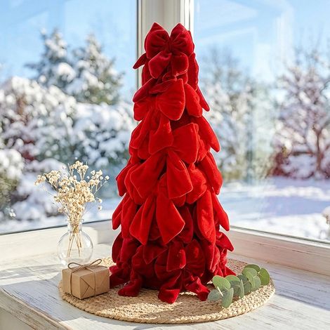 Mini sapin 37 cm ruban rouge velours (1/3)