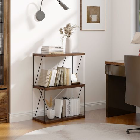 Etagère à 3 Niveaux Bibliothèque Autoportante avec Cadre en Métal Étagère de Rangement de Style Industriel Finition Grain de Bois Brun Maison Chic (1/4)