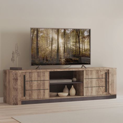 Meuble TV 184,5 cm portes coulissantes décor chêne foncé - PORTO