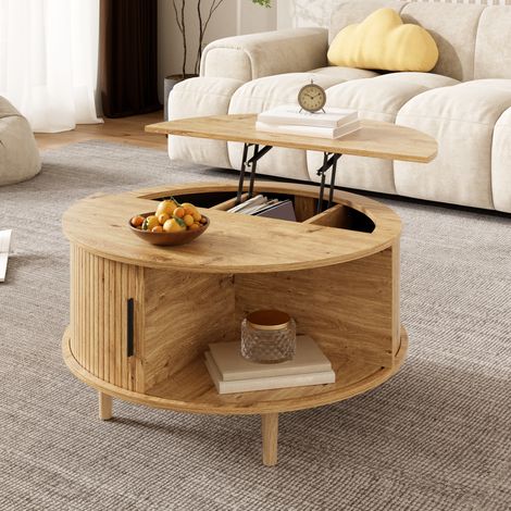 Table basse ronde réglable - Rangement - 80x80x59 cm - Tiroir coulissant, rangement intégré - MDF - Chêne