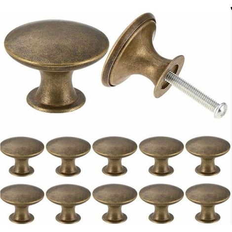 Set of 12 vintage antique brass cabinet knobs – 30mm round – Decorative handles for kitchen furniture – Easy to install (1/4)