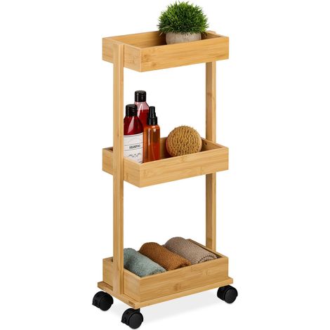 Relaxdays Carrito Baño, Bambú, 3 Niveles, 71,5 x 31 x 18 cm, 4 Ruedas, Aseo, Cocina, Carro Auxiliar Estrecho, Natural