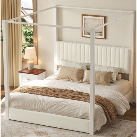 Cama con dosel tapizada 180x200 cm, estructura de metal, MDF, terciopelo beige y blanco, OKWISH (1/5)