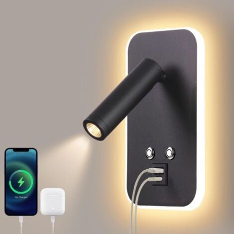 Aplique de pared LED - Lámpara de mesita de noche con interruptor táctil y brillo ajustable, puerto de carga USB A+C, iluminación ambiental para dormitorio, hotel o como luz de lectura junto a la cama (1/5)