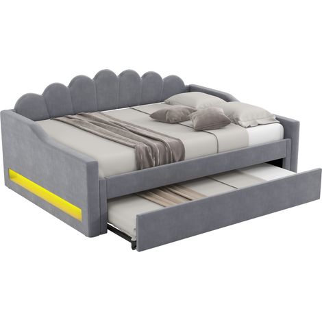 Lit 140x200 cm rembourré en lin gris avec LED et lit gigogne, cadre MDF/contreplaqué, sommier à lattes inclus (1/5)