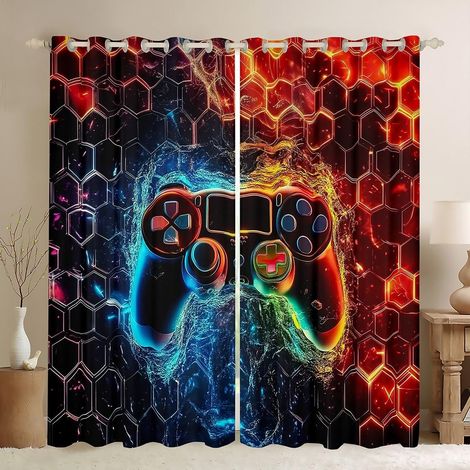 Rideau de gamer - Décoration d'intérieur - Console de jeu moderne - Pour filles et garçons - Honeycomb - Hexagone - Traitement de fenêtre pour bureau - Taille XXL - 260x140cm (HxB) (1/5)