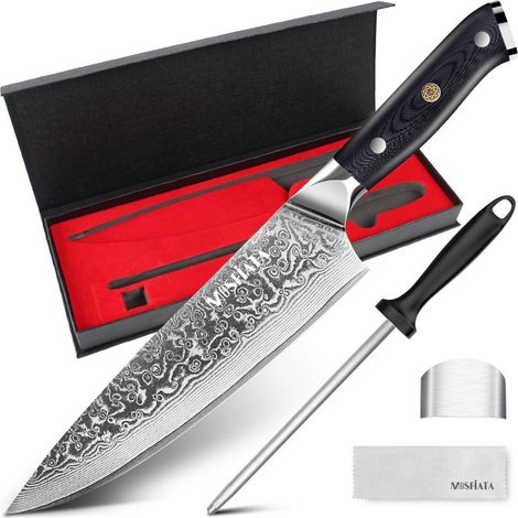Damast Kochmesser 20 cm mit Wetzstahl, 67 Lagen Damaststahl, G10-Griff (1/4)