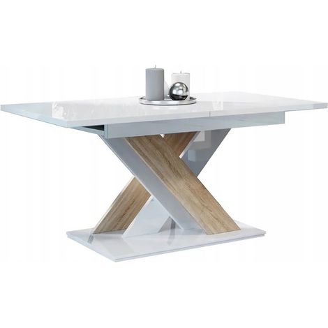 Dusine – Table à manger extensible 140-180 cm – Bois chêne et blanc laqué – Rangement intégré pour rallonge – Fabrication européenne (1/3)