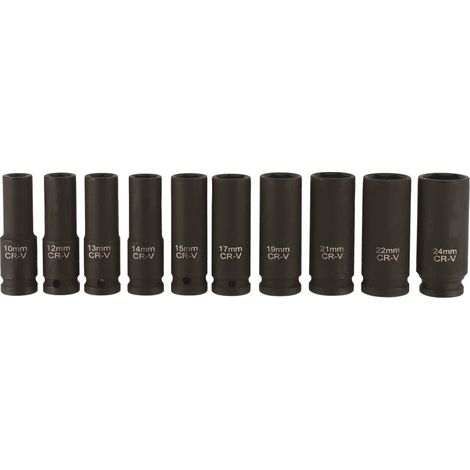 Jeu de 10 douilles longues à choc chrome molybdène 6 pans carré 1/2