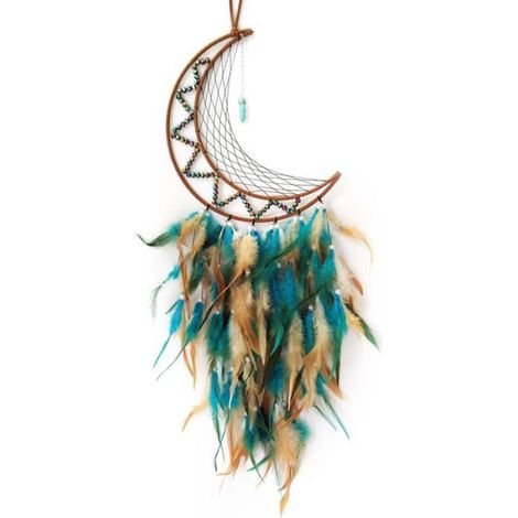 Attrape-rêves en forme de lune, plumes marron et bleues, décoration pour chambre à coucher, cadeau de bénédiction (1/5)
