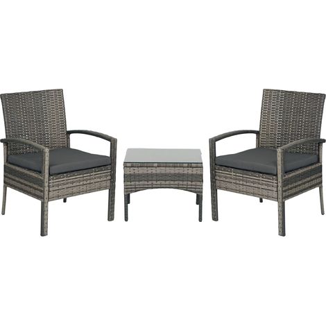 Outsunny 3 Pieces Rattan Bistro Set, Wicker Garden Furniture Set with Glass Top Coffee Table and Chairs, Washable Cushions for Outdoor, Patio, Balcony, Mixed Grey