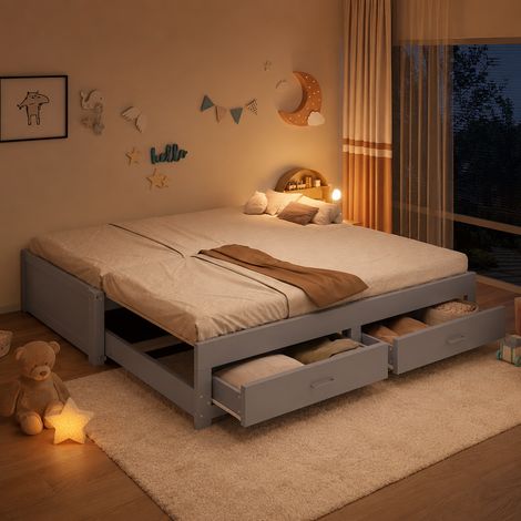 Lit banquette extensible 90x190 à 180x190 cm avec 2 tiroirs Lit enfant avec sommier à lattes-sans accoudoirs ni dossier-Bois-Gris (1/5)