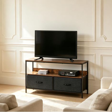 Mueble TV bajo industrial 98 x 29 x 56 cm, 2 cajones plegables, estante abierto OKMYHOME (1/5)