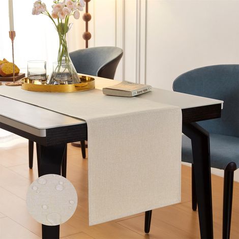 Chemin de table moderne, beige, imperméable, lavable, aspect lin (1/5)