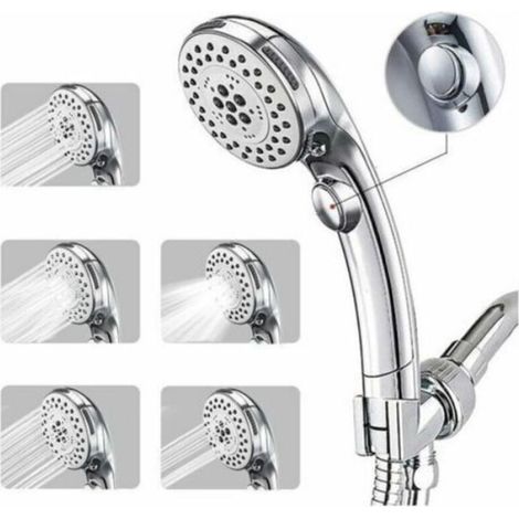 Pommeau de Douche Chromé avec Bouton Stop, Douchette à Main 5 Jets au Choix, Picots Anticalcaires. (1/5)