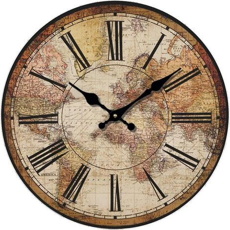 Horloge murale rétro, boussole vintage, carte du monde, silencieuse, en bois, à piles, sans tic-tac, idéale pour chambre ou salon. (1/5)