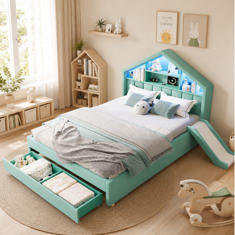 Lit enfant 140x200 cm bleu vert avec toboggan, LED et rangement (1/5)
