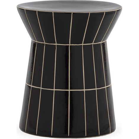 Tabouret en céramique noire graphique - noir à lignes beige (1/4)