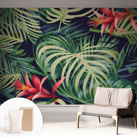 Papier peint intissé pour salon chambre à coucher peint imprimé Installation facile - Colle incluse gratuite Plantes exotiques 312x219 cm (1/5)