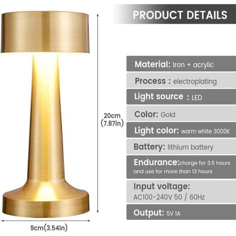 Lampe de chevet tactile sans fil LED, lampe de table usb rechargeable, lumiere bureau puissante piles, 3 températures de couleur, pour restaurant