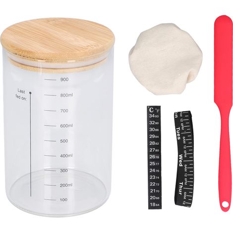 Bocal à Levain Chef en Verre 1L avec Couvercle en Bois, Kit Complet pour Pain au Levain avec Bandes Élastiques et Spatule (1/5)