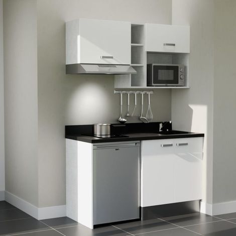 Kitchenette K13L - 140 cm - plan monobloc évier intégré Nero- évier à droite - Façades Blanc + Electroménager inclus coloris Inox